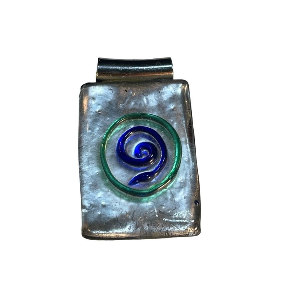 Silver Fused Glass Pendant with Blue Green Swirl Design  1in.